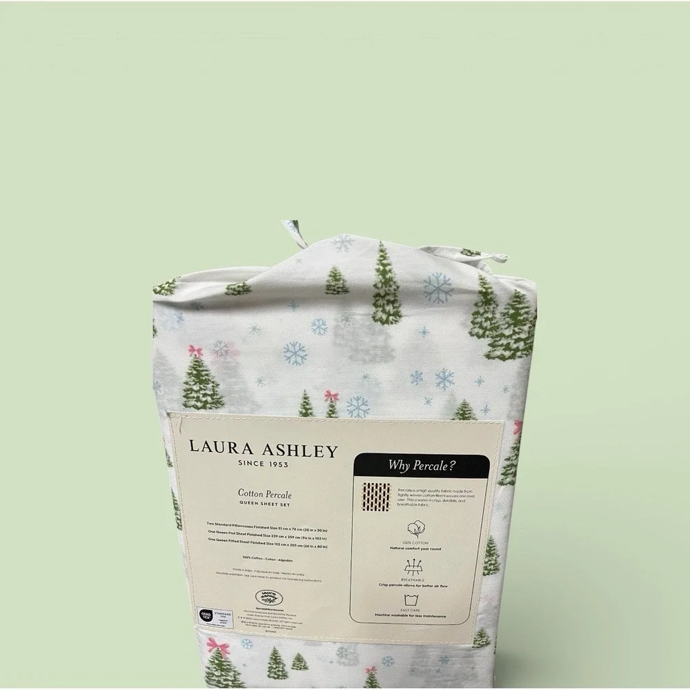 Laura Ashley Queen‎ Percale Sheet Set 100% Cotton Winter Wonderland Green Trees